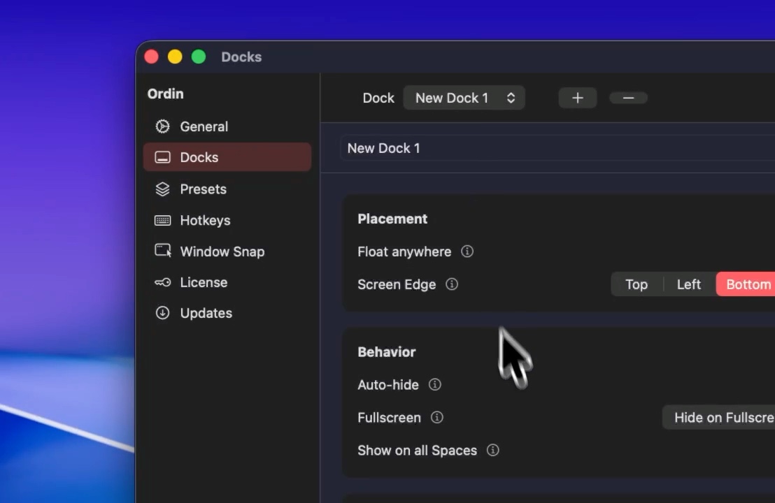Ordin settings for dock placement on a Mac