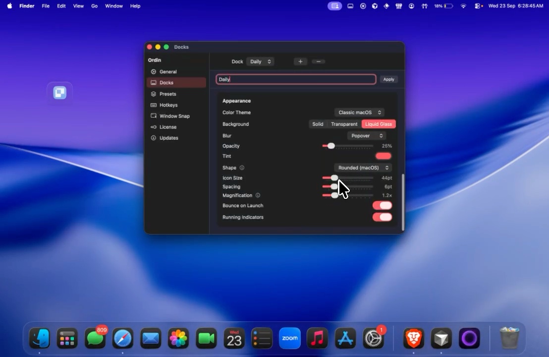 Liquid Glass appearance settings for an Ordin dock on Mac
