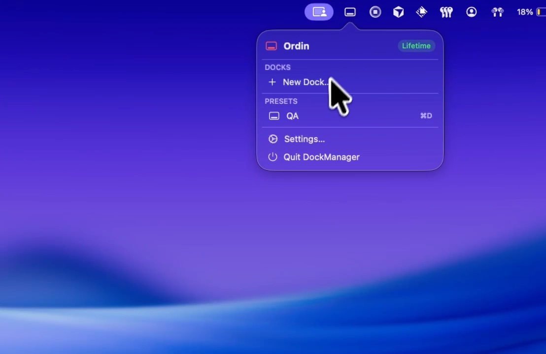 Ordin menu bar on a Mac showing presets and New Dock